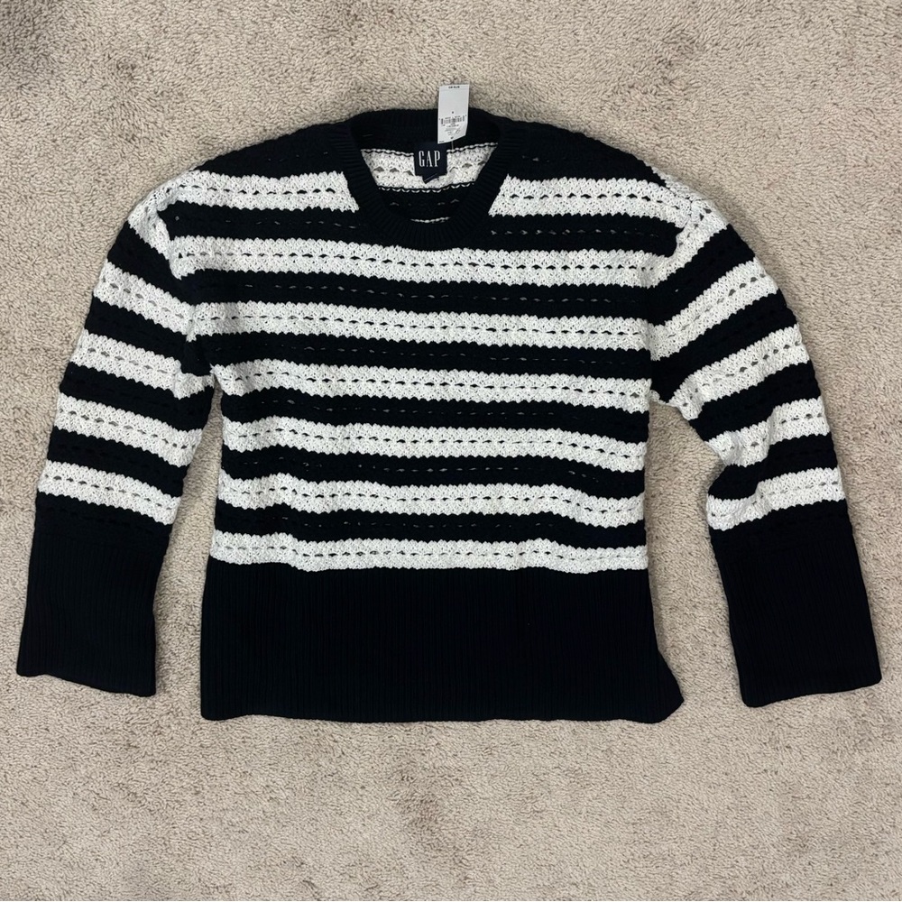 GAP 24/7 Split-Hem Crochet Sweater, Navy Blue/White stipe Size mall